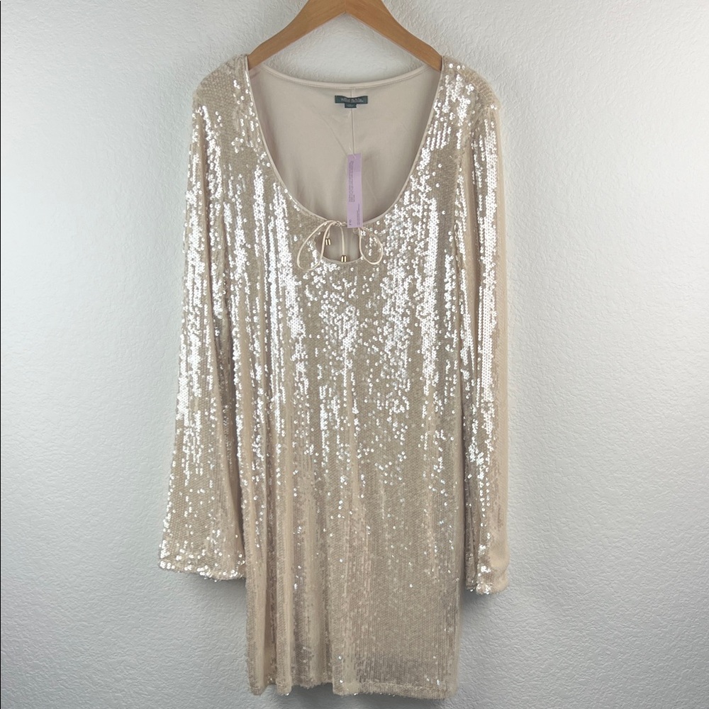 Wild Fable Cream Knit Gold Sequins Long Sleeve Dress Size XL Key Hole Neckline